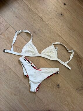 Maaji White Reversible Triangle Bikini Set with Floral Embroidery